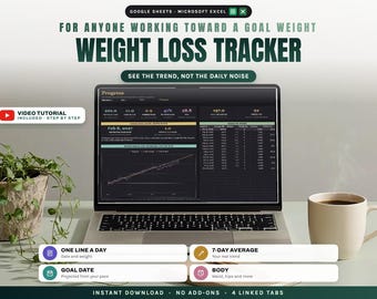 Weight Loss Tracker Google Sheets Excel Spreadsheet, Weight Tracker with 7 Day Average and Goal Date, Body Measurements Log, BMI