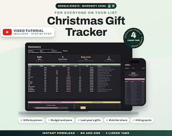 Könnte beinhalten: Eine digitale Weihnachtsgeschenk-Tracker-Tabelle für Google Sheets und Microsoft Excel, dargestellt auf einem Laptop- und Smartphone-Bildschirm. Die Benutzeroberfläche bietet ein dunkles Design mit Zusammenfassungstabellen und vier verknüpften Reitern.