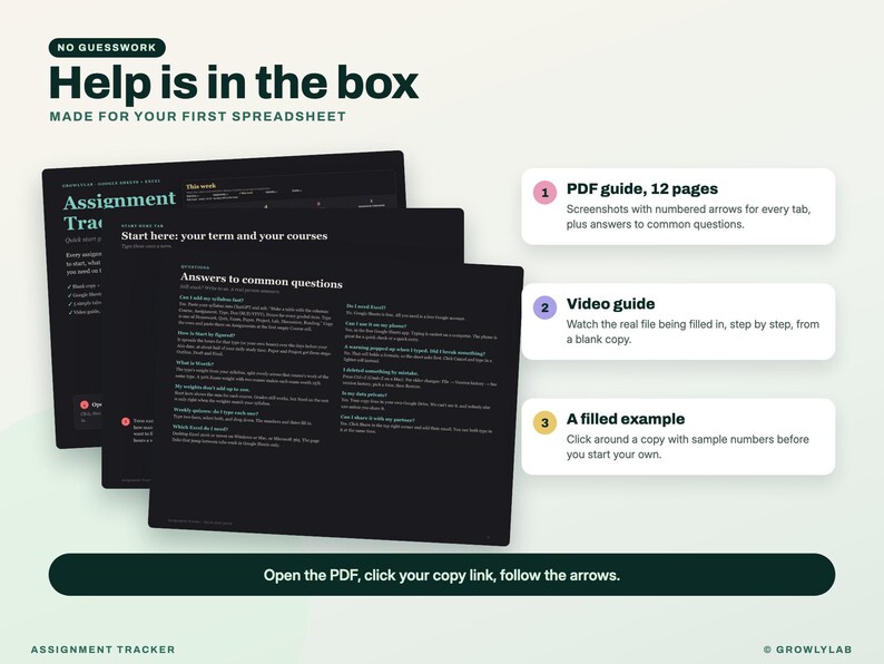 K&ouml;nnte beinhalten: Eine digitale Aufgabenverfolgung mit drei Screenshots von Tabellenkalkulationen auf dunklem Hintergrund. Der Text umfasst 'Help is in the box', 'PDF guide, 12 pages', 'Video guide' und 'A filled example'. Ein Banner unten zeigt 'Open the PDF, click your copy link, follow the arrows.'