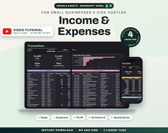 Small Business Income Expense Tracker, Self-Employed Tax Spreadsheet (Digital Download)