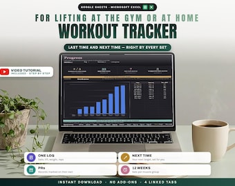 Workout Tracker Google Sheets Excel Spreadsheet, Workout Log and Gym Tracker with PR Tracker and Progressive Overload, Weightlifting Log