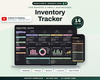Inventory Spreadsheet, Inventory Tracker for Small Business, Raw Material and Product Inventory Management, Recipe Cost, Google Sheets Excel