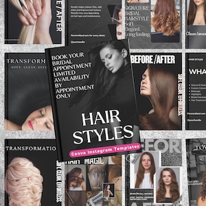 Può includere: Una collezione di modelli Canva Instagram in bianco e nero per parrucchieri. I modelli includono testo come "Hair Styles", "Before/After" e "Bridal Appointment". Le immagini mostrano varie acconciature e trattamenti per capelli.