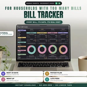 Op de afbeelding: Een digitaal factuurvolgsysteem in een spreadsheet op een laptopscherm, met een donkere modus, kleurrijke ringdiagrammen en kolommen met financiële gegevens. De tekst bevat "FOR HOUSEHOLDS WITH TOO MANY BILLS", "BILL TRACKER" en "VIDEO TUTORIAL INCLUDED".