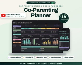 Co Parenting Planner Spreadsheet, Custody Tracker and Custody Calendar, Visitation Log, Child Support, Shared Expenses, Google Sheets Excel