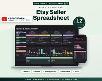 Etsy Seller Spreadsheet, Etsy Fee Calculator and Profit per Listing, Etsy Bookkeeping, Profit and Loss, Tax Planner, Google Sheets Excel