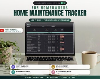 Home Maintenance Tracker Spreadsheet Google Sheets Excel, Home Maintenance Log with Automatic Next Due Date, Warranty Tracker for Homeowners