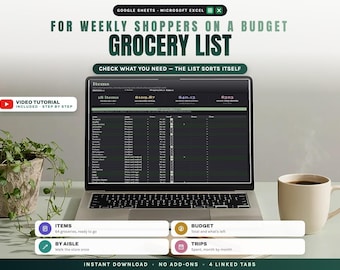 Grocery Budget and Grocery List with Prices for Google Sheets and Excel, Shopping List by Aisle, Weekly Grocery Planner