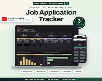 Könnte beinhalten: Ein digitaler Bewerbungstracker für Google Sheets und Microsoft Excel, dargestellt auf einem Laptop- und Smartphone-Bildschirm. Die Benutzeroberfläche zeigt ein dunkles Dashboard mit Datentabellen, Balkendiagrammen und Metriken. Der Text umfasst Job Application Tracker, Video Tutorial Included und 3 Linked Tabs.