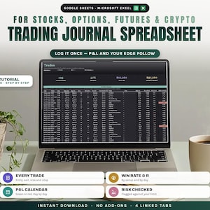 May include: A laptop screen displays a trading journal spreadsheet for stocks, options, futures, and crypto. Text includes "FOR STOCKS, OPTIONS, FUTURES & CRYPTO TRADING JOURNAL SPREADSHEET," "LOG IT ONCE – P&L AND YOUR EDGE FOLLOW," and "VIDEO TUTORIAL."