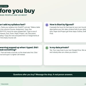 K&ouml;nnte beinhalten: Eine Infografik mit dem Titel Before you buy, The things people ask us most. Sie enth&auml;lt vier nummerierte FAQ-Boxen zu einem Aufgaben-Tracker, die Themen wie Lehrplanintegration, Startdaten, Fehlermeldungen und Datenschutz behandeln.