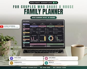 Könnte beinhalten: Ein digitaler Familienplaner für Google Sheets und Microsoft Excel auf einem Laptop-Bildschirm. Die Benutzeroberfläche zeigt dunkel gestaltete Diagramme, Tabellen und Daten zur Haushaltsführung, einschließlich der Bereiche The Load, Balance, Handoffs und Meals.