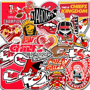 May include: A collection of red, white, and yellow Kansas City Chiefs stickers. The stickers feature various team logos, including a football helmet, a Native American headdress, and the word "CHIEFS". Some stickers include the text "MAHOMES" and "SUPER BOWL CHAMPIONS".