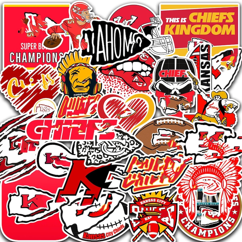 May include: A collection of red, white, and yellow Kansas City Chiefs stickers. The stickers feature various team logos, including a football helmet, a Native American headdress, and the word "CHIEFS". Some stickers include the text "MAHOMES" and "SUPER BOWL CHAMPIONS".