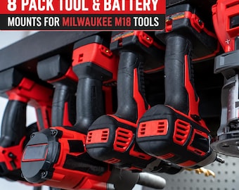Può includere: Una confezione da 8 supporti neri e rossi per utensili e batterie Milwaukee M18. I supporti sono fissati su una superficie nera e sostengono diversi utensili elettrici rossi e neri in posizione sospesa. Il testo recita 8 PACK TOOL & BATTERY MOUNTS FOR MILWAUKEE M18 TOOLS.