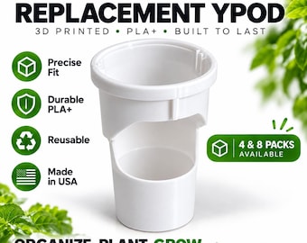 Può includere: Un yPod di ricambio bianco stampato in 3D in PLA+ per sistemi Gardyn. Il contenitore cilindrico presenta un'ampia apertura superiore e un'apertura laterale. Il testo include Gardyn-Compatible Replacement yPod, 3D Printed, PLA+, Built to Last, Precise Fit, Durable, Reusable, Made in USA, 4 & 8 Packs Available, Organize. Plant. Grow., e CozziForged.