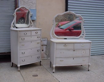 Claw foot bow front Edwardian mahogany high & low dressers chests 1910s painted