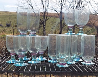 Pfaltzgraff Juniper stemware goblets tumblers aqua &#39;90s artisan hand blown Bloomingdale&#39;s