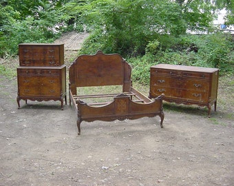 Gimbel bros French Bedroom dresser chest carved roses inlaid burl walnut 1930s