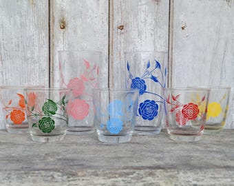 mod retro rose drink glasses tumblers mid-century Hazel Atlas sour cream promo