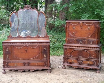 Gatsby Bedroom set dresser chest burl walnut Depression era 1930s