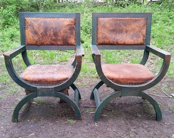 George Flint arts and crafts Savonarola chairs oak with green finish leather PICKUP / SHIPPING OPTIONS