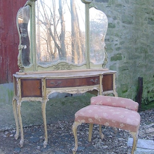 French console vanity and bench banded inlaid carved, by Bachman (no mirror)