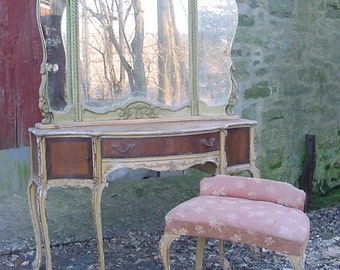 French console vanity and bench banded inlaid carved, by Bachman (no mirror)
