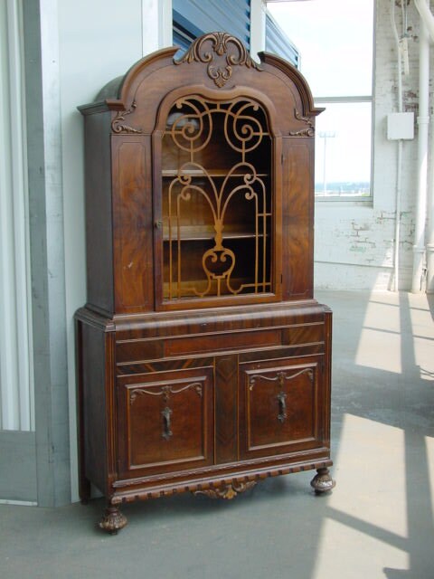 China Cabinet Curio Hutch Burl Walnut 1930s Elegant Elaborate
