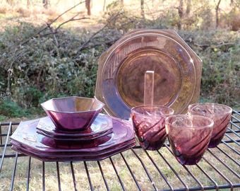 Moroccan Amethyst mid-century glass dinnerware dishes Hazel Atlas