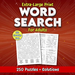 Op de afbeelding: Een woordzoekpuzzelboek voor volwassenen met extra grote letters en een lettertype van 24 punten. De omslag toont de woorden "WORD SEARCH" in grote witte letters. Het boek bevat 250 puzzels en oplossingen. De achtergrond is een rood burst-ontwerp.