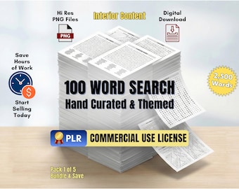 PREMIUM PLR-ordsökningspaket: 100 temapussel, kommersiellt bruk, högupplöst PNG (paket 1 av 5)