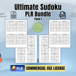 Puede incluir: La imagen muestra un paquete digital Sudoku PLR, Pack 1, con 1.400 rompecabezas. El diseño incluye el texto "Ultimate Sudoku PLR Bundle" y "Commercial Use License". Elementos adicionales incluyen "Digital Download" y "Hi Res PNG Files".