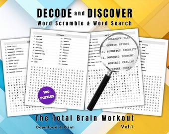 Intriguing Word Scramble & Wortsuche. 100 druckbare Puzzles für Erwachsene. PDF mit Lösungen.