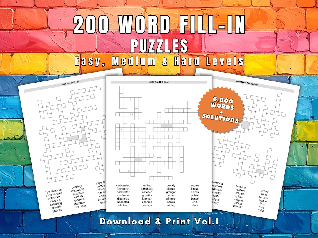 Diffucly Word Box Fill In Word Fill-in Puzzles, 200 STIMULATING Clueless Crosswords, Easy to Hard ...