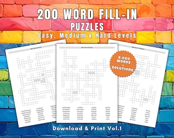 200 Word Fill-In Puzzles, Clueless Crossword, Easy to Hard (PDF Download) Vol.1