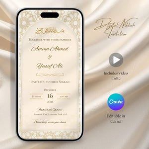 Editable WhatsApp Nikkah invitation shown on mobile phone for Islamic Muslim wedding e-invite