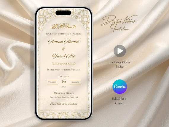 Editable Digital Nikkah Invitation Template with Video, WhatsApp Islamic Wedding E-Invite, Minimal Beige Gold Muslim Canva Invite
