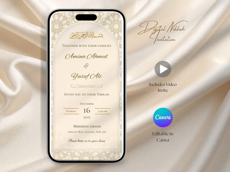 Editable WhatsApp Nikkah invitation shown on mobile phone for Islamic Muslim wedding e-invite