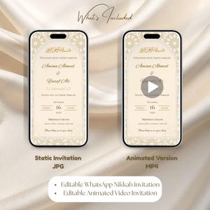 What’s included digital Nikkah invitation showing static JPG and animated MP4 video versions