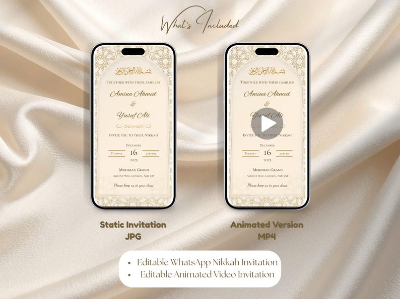What’s included digital Nikkah invitation showing static JPG and animated MP4 video versions
