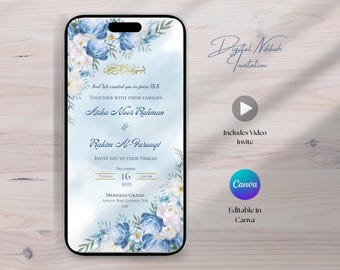 Modello di invito Nikkah floreale blu con video, invito elettronico per matrimonio islamico invernale (download digitale)