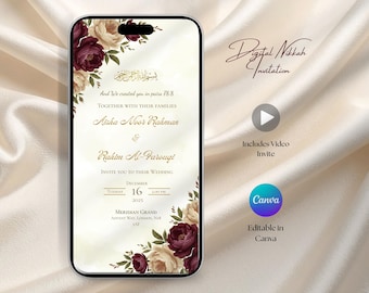 Modello di invito Nikkah floreale con video, marrone e oro, invito elettronico per matrimonio islamico (download digitale)