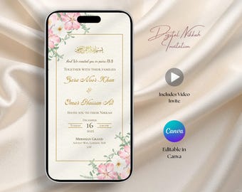 Modello di invito Nikkah floreale con video, rosa cipria, invito elettronico per matrimonio islamico primaverile (digitale, Canva)