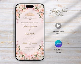 Modello di invito Nikkah floreale con video, invito elettronico per matrimonio musulmano primaverile rosa chiaro (download digitale)