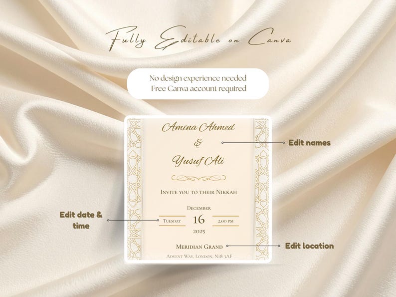 Modern minimal Muslim wedding Nikkah digital invitation design in beige and gold