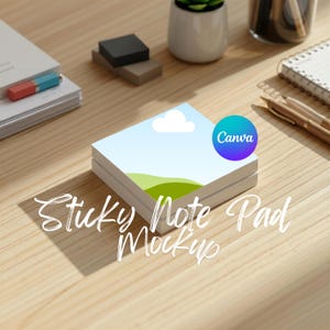 May include: A square stack of sticky notes featuring a printed landscape illustration of a white cloud over green hills against a light blue sky. The top note displays a circular purple and blue Canva logo. The text Sticky Note Pad Mockup is overlaid.