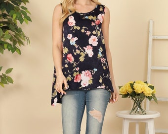 Women's Sleeveless Floral Print Hi Lo Tunic Top Blouse Fashion