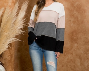Long Sleeve Color Block Thermal Raw Edge Top Blouse