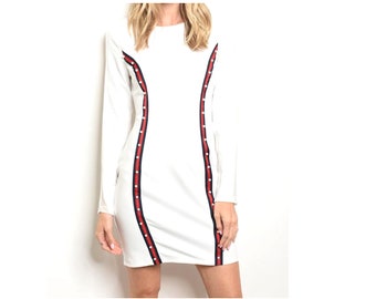 Sporty Chic Racing Stripe Sheer Arm Insert Knit Tunic Dress